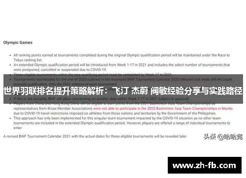 世界羽联排名提升策略解析：飞汀 杰蔚 阀敏经验分享与实践路径